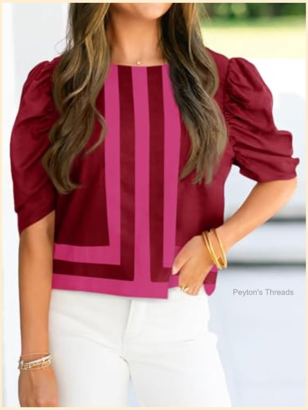 Women's Puff Sleeve Striped Color Block Cropped Blouse - Picture 4 of 7